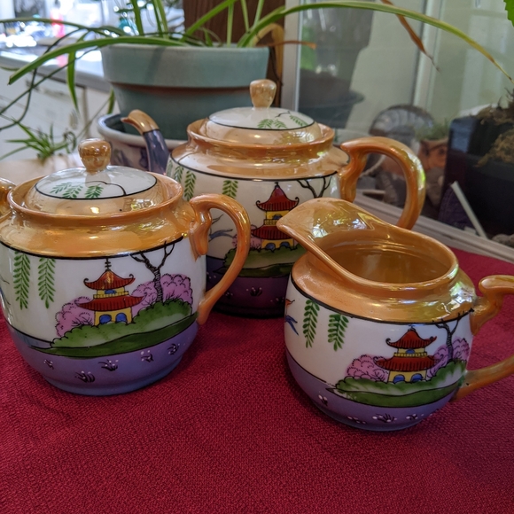 Pagoda Peach Blue Lusterware Tea Set
